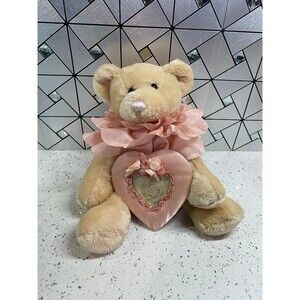 VTG Dan Dee Teddy Bear Plush Holding Pink Heart Picture Frame 8in